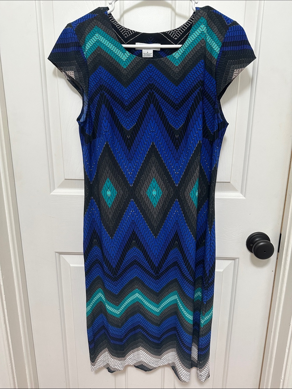 0242 Liz Claiborne Sleeveless Chevron Midi Dress in Blue and Teal small